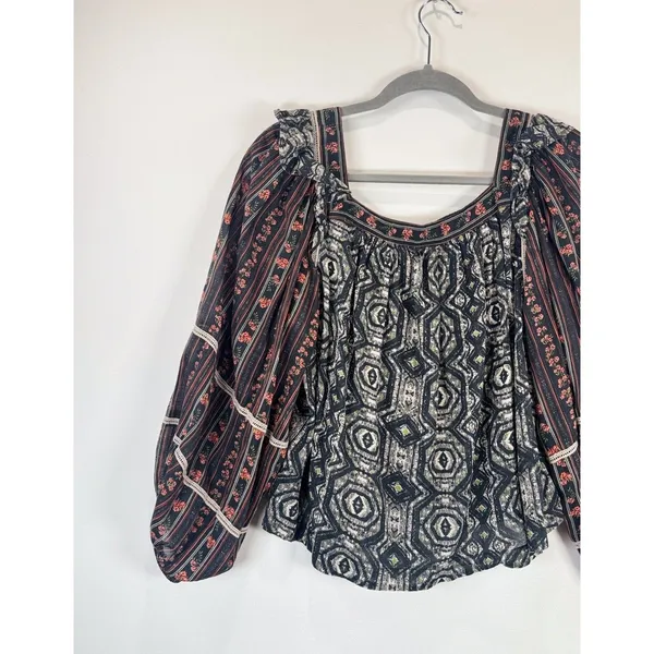Free People Womens Top Gray Mostly Meadow Blouse Aztec Babydoll Boho Medium - Image 8
