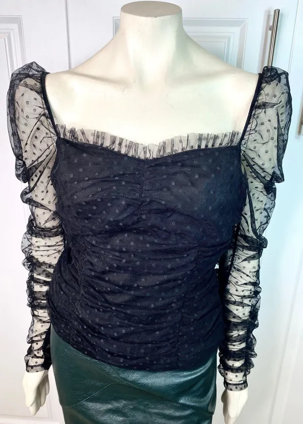 VICI Benefit Polka Dot Ruched Gathered Sleeve Mesh Tulle Top by Free the Roses - Image 14