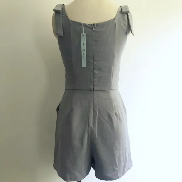 Bow Shoulder Pockets Formal Chic Romper Blue Size L - Image 3