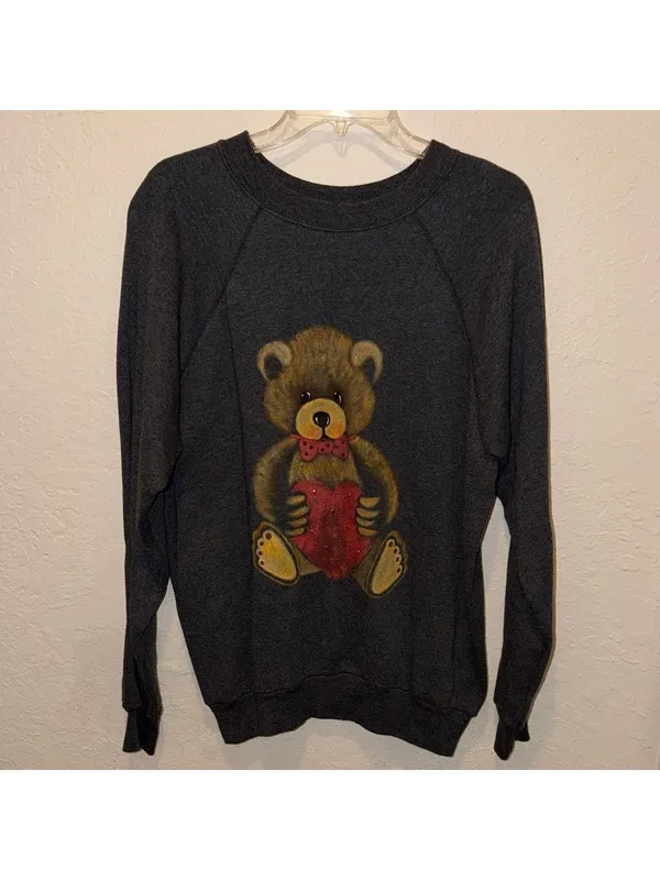 Vintage Y2K Teddy Bear with Heart Painted Sweater 90s 80s cottagecore granny - Image 2