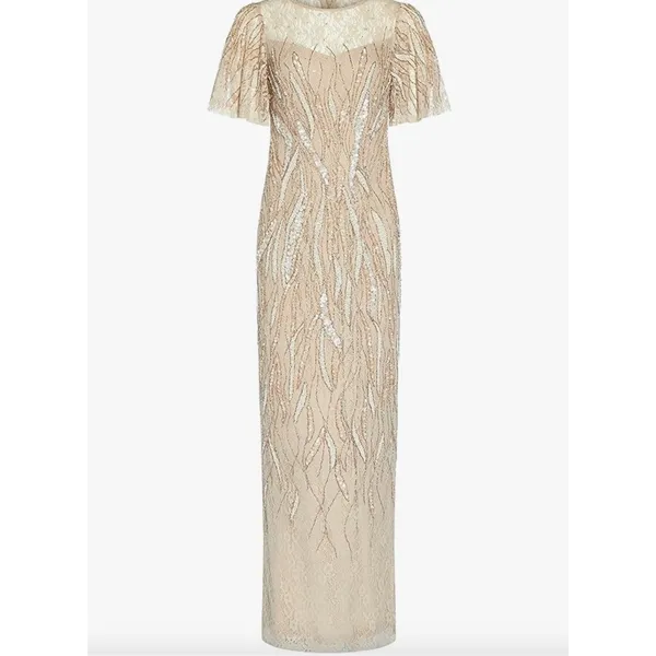 Adrianna Papell Beaded Flutter Sleeve Gown Long Biscotti Beige Formal US 4 NWT - Image 4