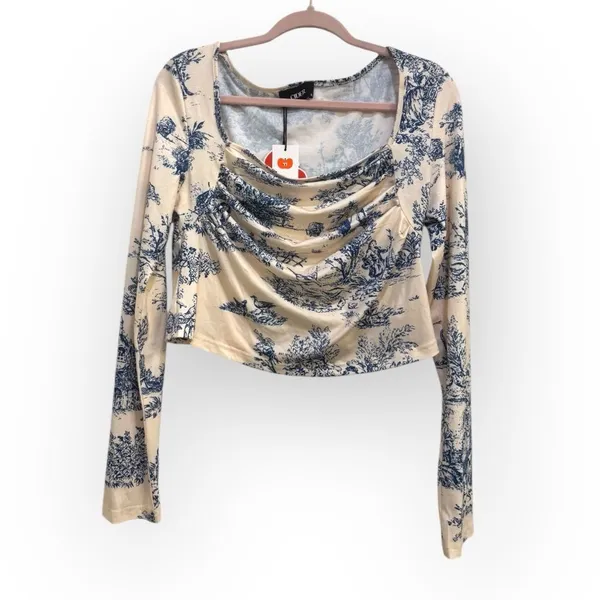Cider Blue Toile Print Long Sleeve Crop Top – Size XL - NWT - Image 2
