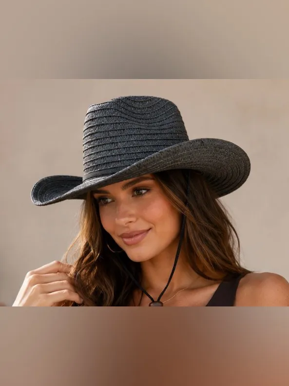 Black Straw Cowboy Hat with Chin Cord - Women - Image 3