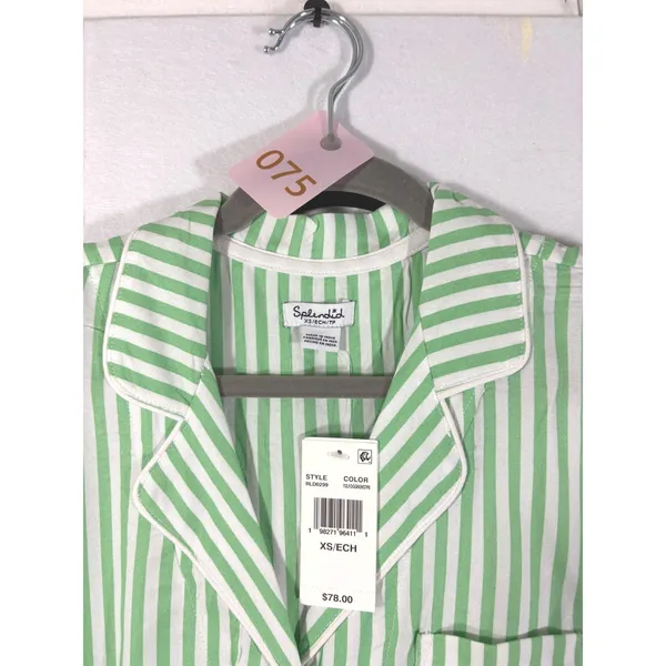 Splendid Notch Collar Cropped Pajama Set Fog Green Stripe XS RLD0299 - Image 3