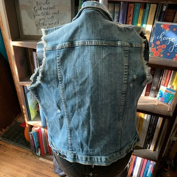 Silver distressed Bikercore normcore moto M denim vest - Image 3