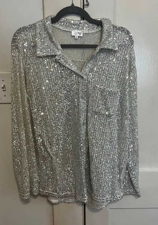 Boutique Indie Collection Silver Sequin Button Down - Image 5