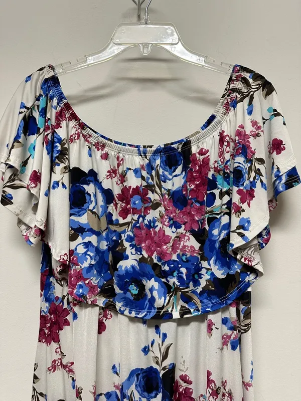 White with bright Blue & Pink Floral On or Off the Shoulder Maxi Dress size 3XL - Image 2