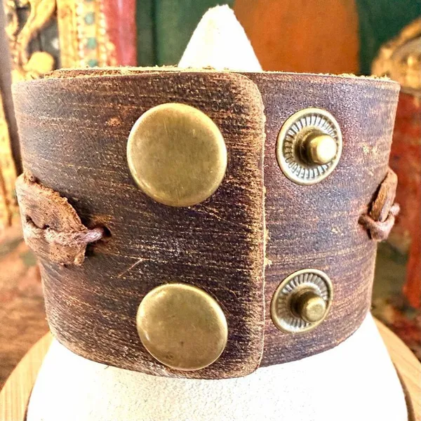 Distressed Brown Leather Cuff Bracelet Rustic Wide Snap - Image 3