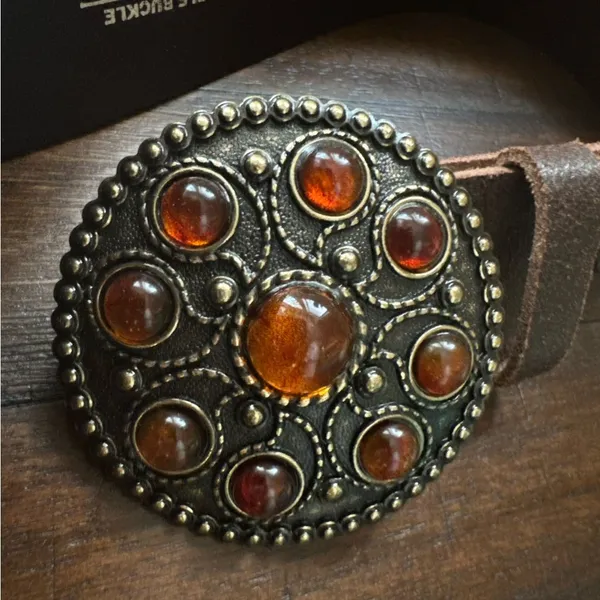 Women's Belt - BROWN‎ Leather - ORANGE STONES BUCKLE - Size 90/36 - Image 6