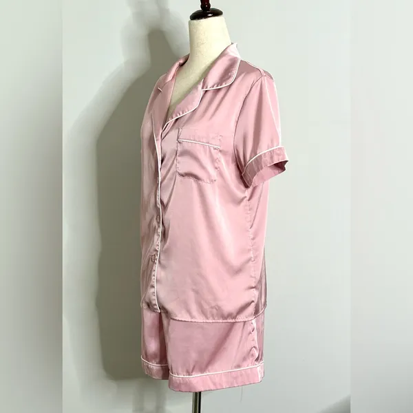 Pink Satin Pajama Set by Kennedy Blue, Button Front Shirt and Shorts size Medium - Image 7