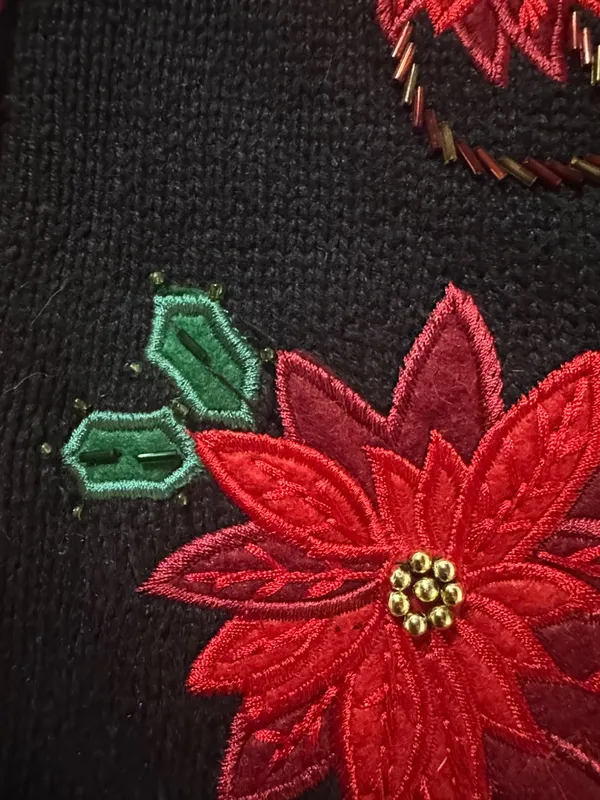 Vtg Women Ugly Christmas Sweater Vest Zip Up Poinsettia Embroidered Beaded 4/6 - Image 4