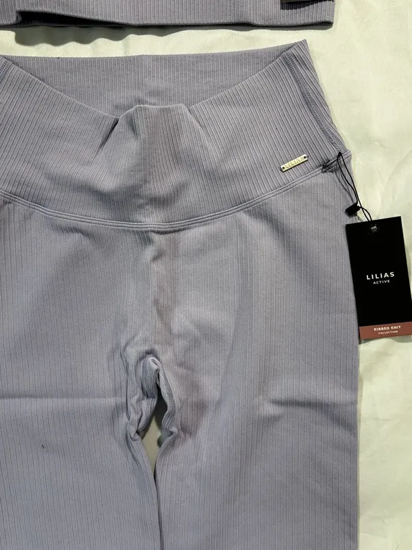 Lilias Active Ribbed Knit Two-Piece Set, Longline Sports Bra and Leggings, Lilac - Image 4