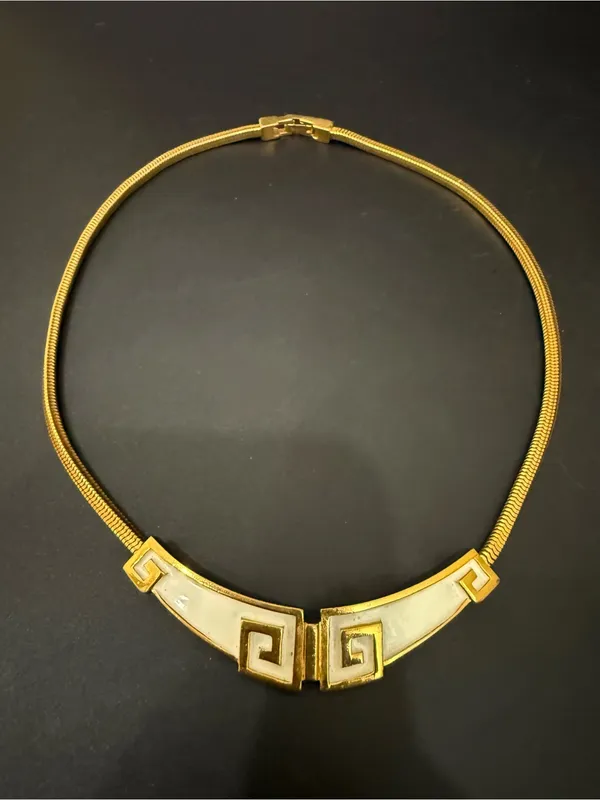 Vintage Signed TRIFARI Gold-tone Off White Enameled Greek Key Style Necklace - Image 3
