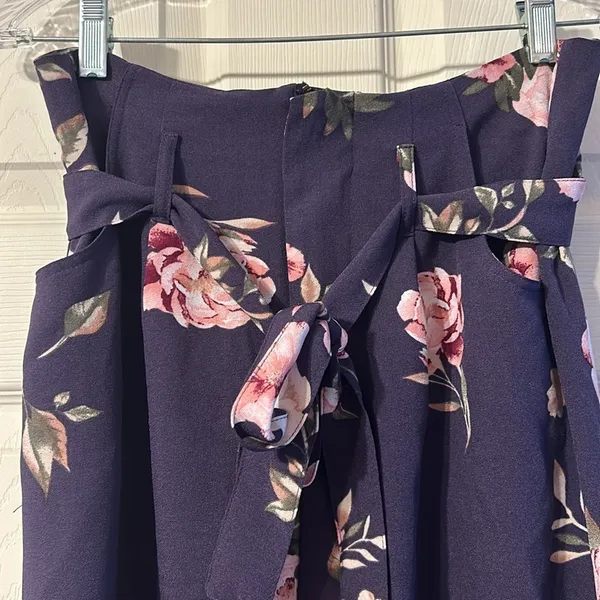 Dark Purple Floral Paperbag Waist Pants Medium - Image 2