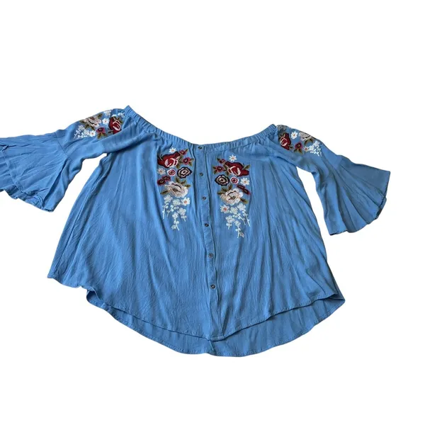 Umgee Blue Floral Embroidered‎ Off The Shoulder Bell Sleeve Blouse XL WG0914 - Image 4