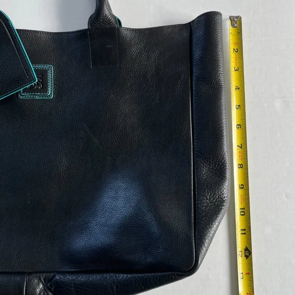 Black Deertan Cowhide Leather Tote Bag Teal Trim Classic Minimalist Purse‎ - Image 10