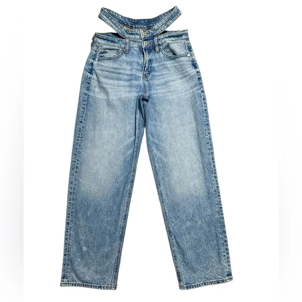 American Eagle Strigid Super Hi rise Baggy Straight Jeans 4 short cut out double waist - Image 2