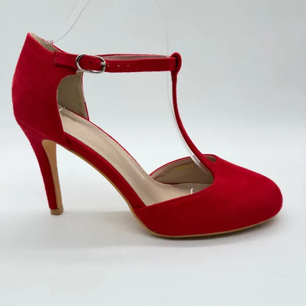 Red Faux Suede T-Strap Pumps Womens Size 9 Round Toe Stiletto Heels Ankle Strap - Image 3