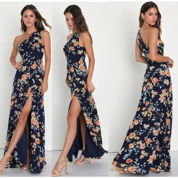NWT Lulus Elegant Admiration Navy Blue Floral One-Shoulder Maxi Dress Cruise XS - Image 2