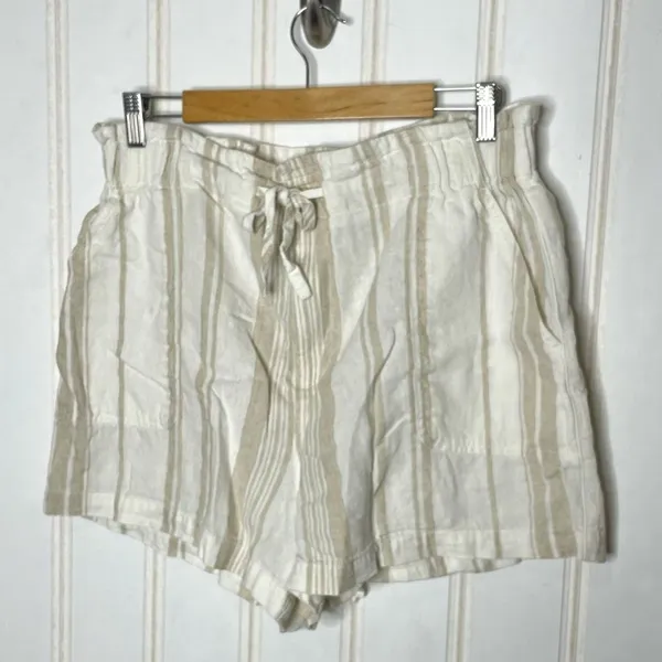 Madewell Linen Blend Striped Paperbag Waist Shorts White Beige Size L 696 - Image 2