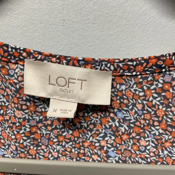 LOFT Women Sleeveless Blouse Orange Blue Ditsy Floral Split Neck Top Size Medium - Image 4