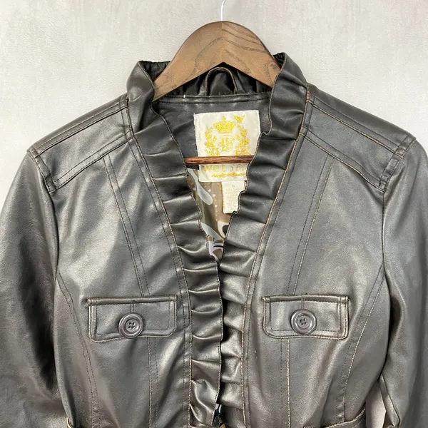 Wet Seal Womens Faux Leather Jacket XL Brown Ruffle Belted Y2K 2000s McBling - Image 3