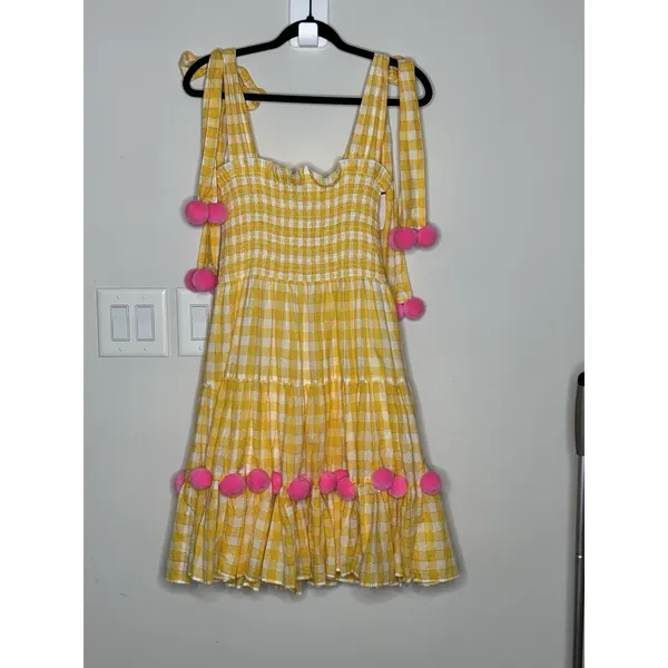 Sundress Pippa Dress Women's M/Large Yellow Gingham Check Pom Pom Boho Revolve - Image 3