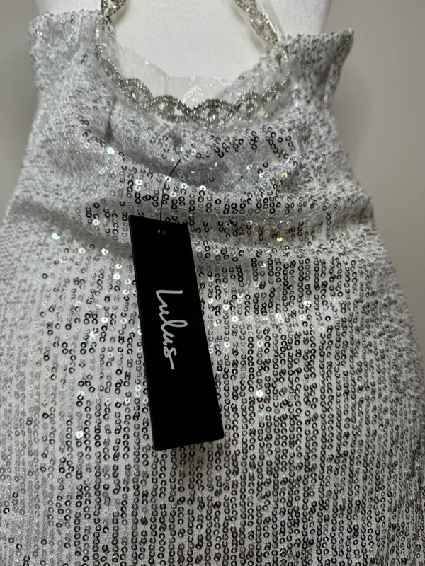 Silver Sequin Cowl Neck Mini Dress Sz M - Image 6