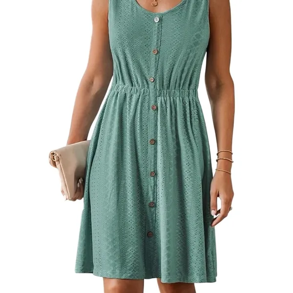 Women's Sleeveless Button Midi Dress Textured Eyelet Elastic Waist scoop Neck - Image 3
