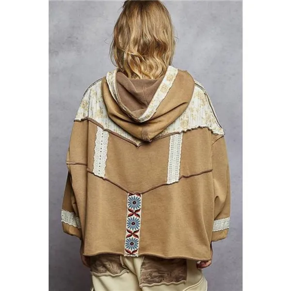 POL Drawstring French Terry Hoodie with Gauze Print‎ Patch - Image 5