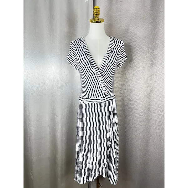 Maeve Anthropologie Womens Black White Striped Faux Wrap Midi Dress Medium A35 - Image 4
