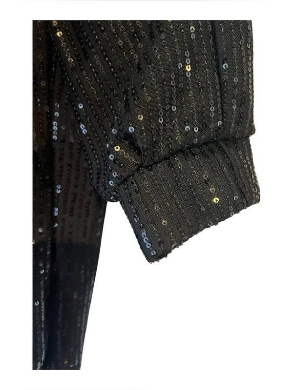 Woman's Large Black Sequin Button Down Shirt Jacket Long Sleeve Sparkle Party - Image 6