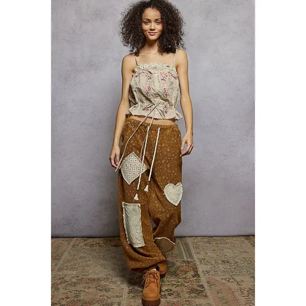 POL Button Down Floral Embroidered Cropped Cami with Lace Detail - Large‎ - Image 5