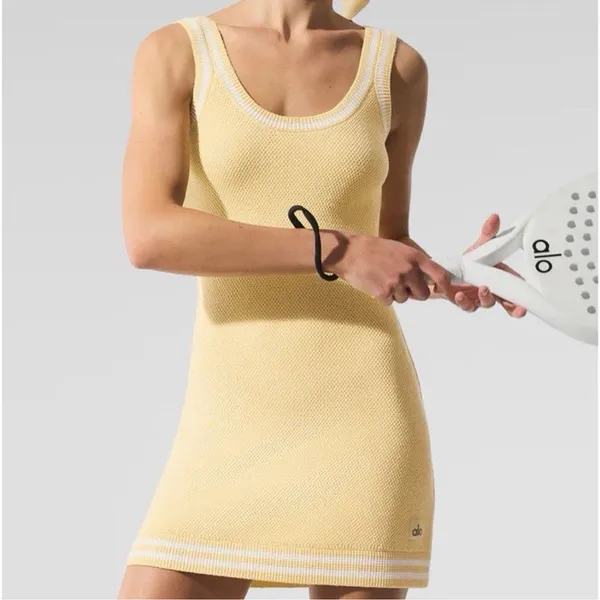 Alo Yoga Tennis Club Sweater Knit Dress White/Warm Butter Yellow Size XXs RARE - Image 2