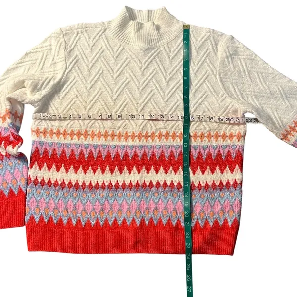St Johns Bay Womens Mock Neck Fair Isle Cable Knit Sweater Cream Red Large - Image 3