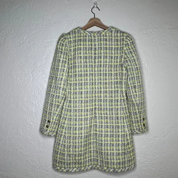 Tuckernuck Yellow and Gray‎ Plaid Tweed V-Neck Mini Dress Long Sleeve Size S - Image 3