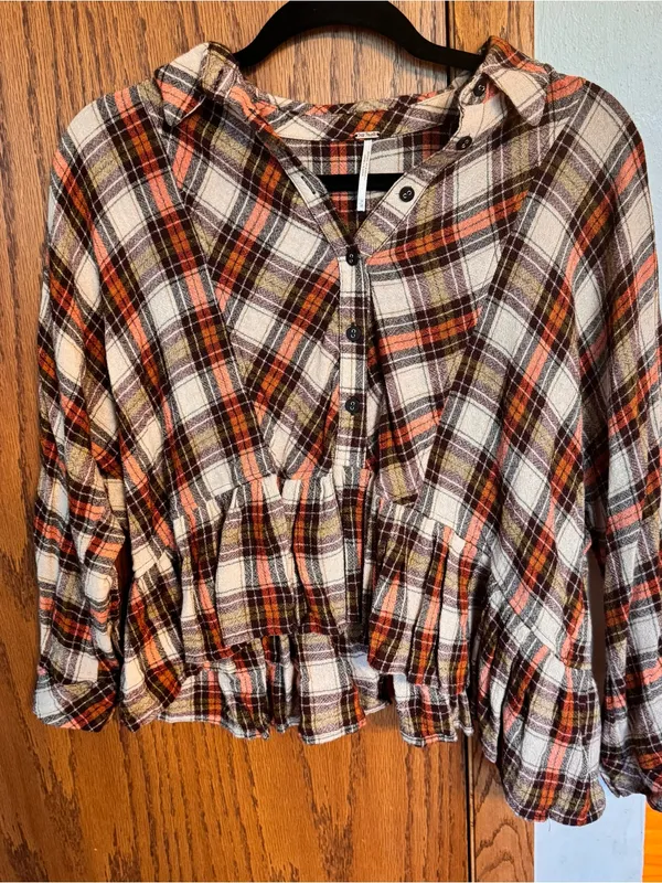 Free People Plaid Button-Front Peasant Top in Cream and‎ Rust - Image 2