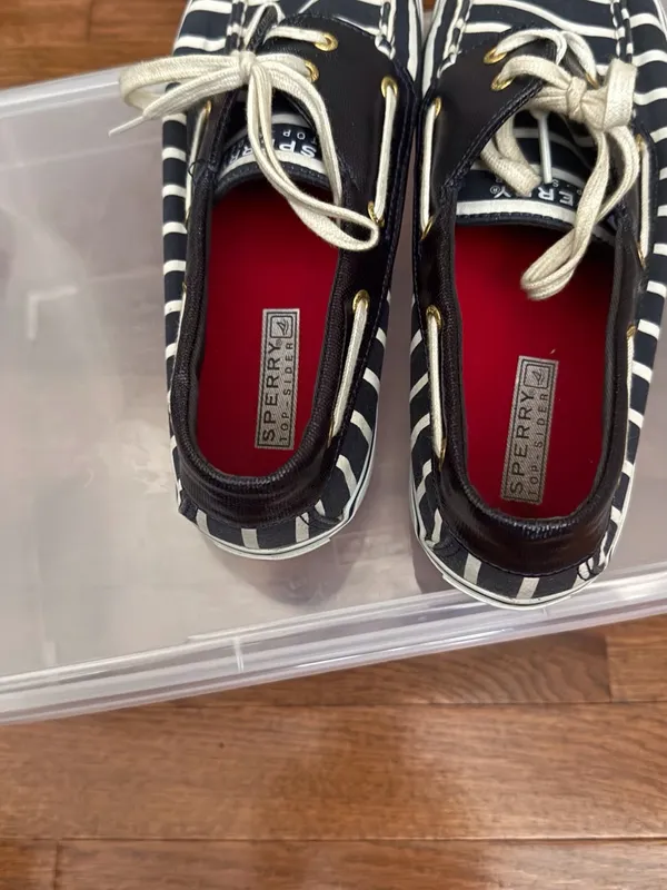 Sperry Black & White Striped Canvas Boat Shoes with Red Insole - Image 4