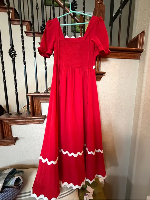 Red Smocked Maxi dress with White Ladder Stitching - Image 4