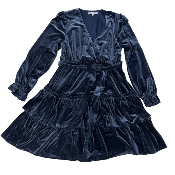 Baltic Born Navy Blue Velvet Faux Wrap Tiered Mini Dress Long Sleeve Size M - Image 4