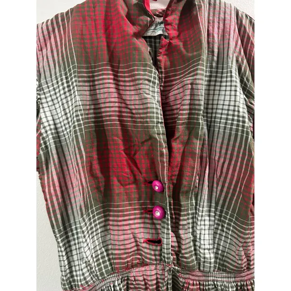 Vintage 50's Marcy Allen Original Red Green Plaid Puff Sleeve Button Dress - Image 2