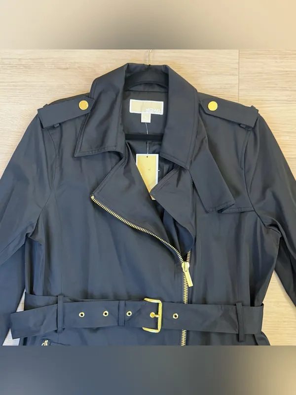 Michael Kors Black Asymmetrical Zip Trench Coat with Belt - Image 3