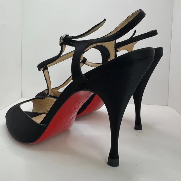 Y2K Christian Louboutin Ernesta Black Satin T-Strap Peep Toe Heels EU 37 - Image 2