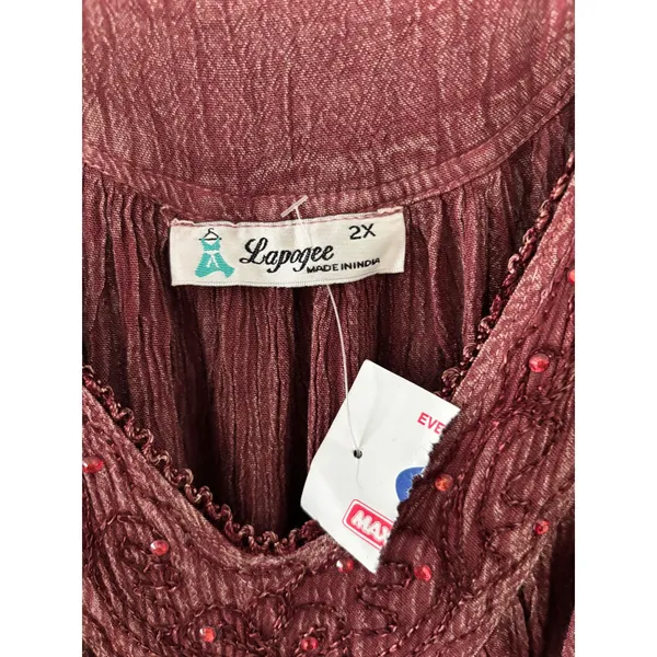 Lapogee Womens 2X Burgundy Crinkle Sequin Embroidered Boho Tunic‎ Tank Top - Image 4