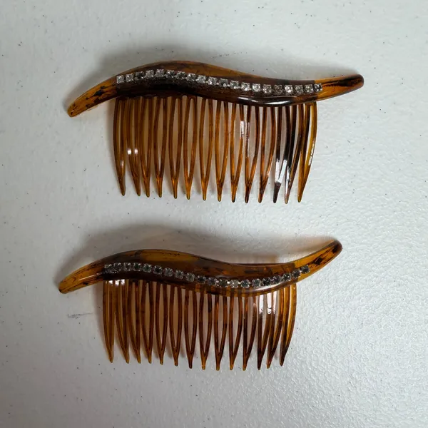 Vintage 90s Hair Comb Set Faux Tortoise Rhinestone Wave Made in USA Lot Of 2 - Image 3