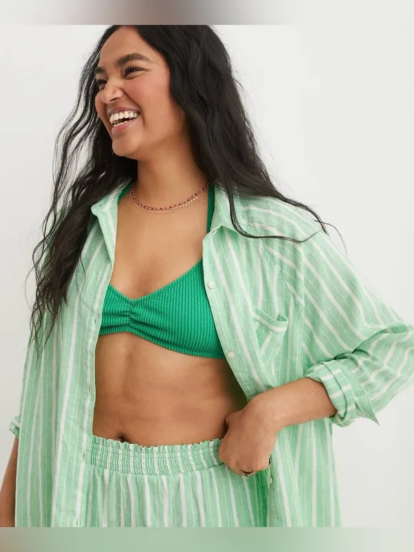 Aerie Green White Striped Linen Blend Coverup Button-Up Shirt - size L - Image 11