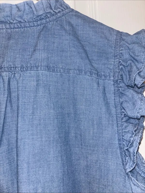 J Crew Sleeveless Chambray Ruffle Top With V Neck And Ruffled Trim Along Sleeves - Image 8