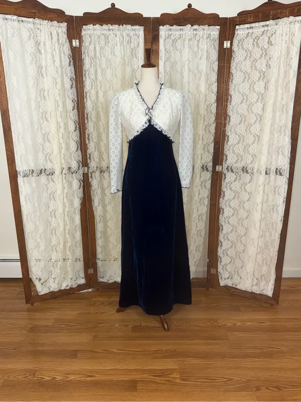 Gorgeous Vintage 1970s Navy Blue Velvet Formal Gown - Image 3