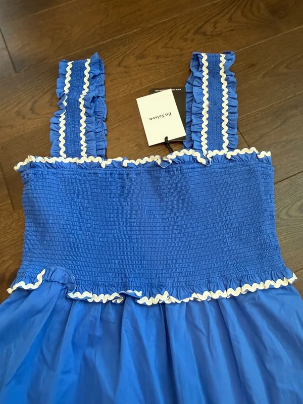 En Saison Blue Smocked Ric Rac Trim Midi Dress Large NWT - C11-196 - Image 6