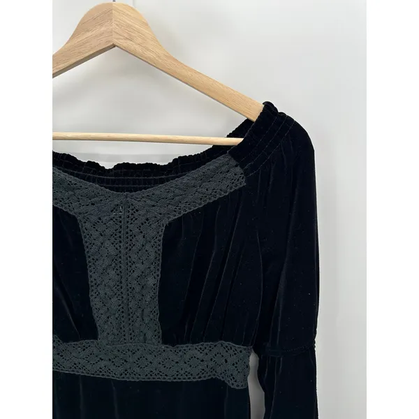 Velvet Lace Trim Peasant Top Black‎ Boho Gothic Romantic Long Sleeve Grunge Sz S - Image 5